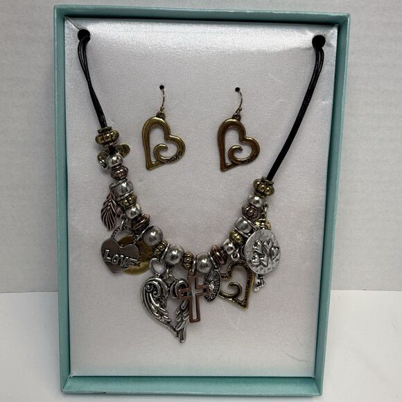 Multi Dangle Charm Beaded Leather Rope Necklace With Matching Earrings New - Picture 1 of 5